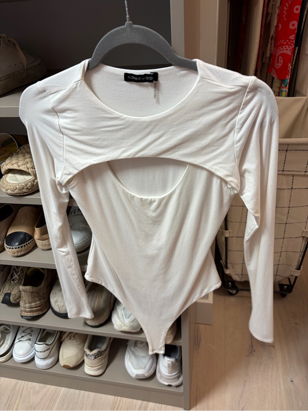 naked wardrobe Cream Long-Sleeve Cutout Bodysuit